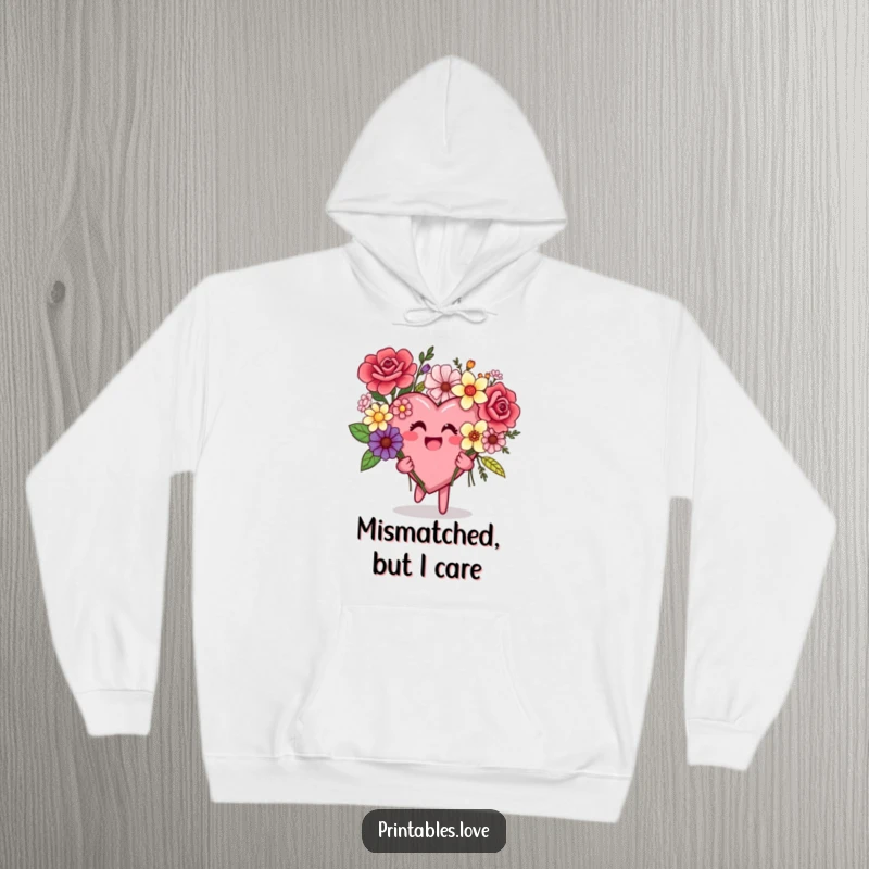 Funny hoodie depicting a jubilant heart character proudly clutching a wildly mixed bouquet of colorful, mismatched flowers.