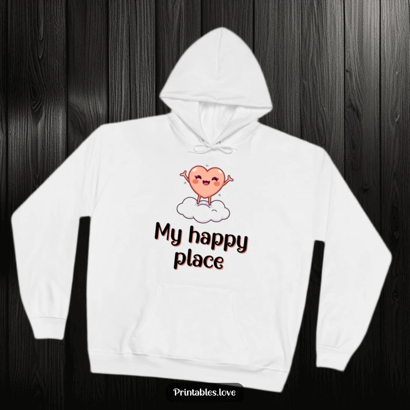 Funny hoodie featuring a tiny, round heart character joyfully bouncing on a cloud with arms outstretched, ideal for cozy wear.