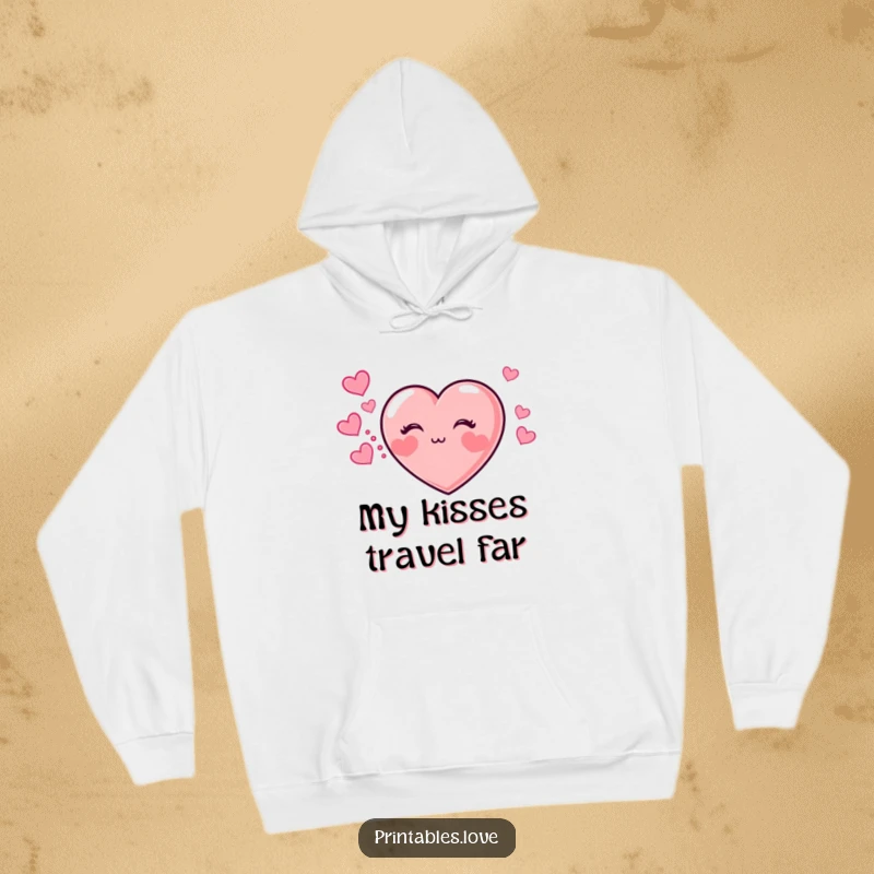 Funny hoodie featuring a lovable heart with plump cheeks blowing a kiss, leaving a delightful trail of hearts.