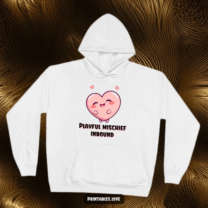 Funny hoodie featuring a giggling heart character looking over its shoulder with a mischievous grin. Comfortable and full of playful humor.