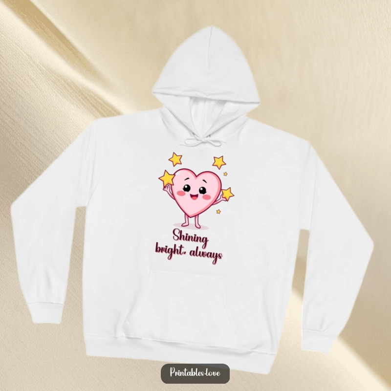 Funny hoodie depicting a heart character with a cheeky smile juggling three luminous, sparkling stars.