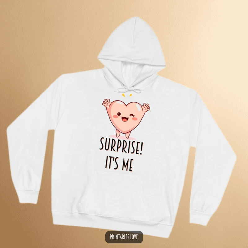 Funny surprise heart hoodie, a lovable character with its arms raised in a shocked, ecstatic expression of pure glee.