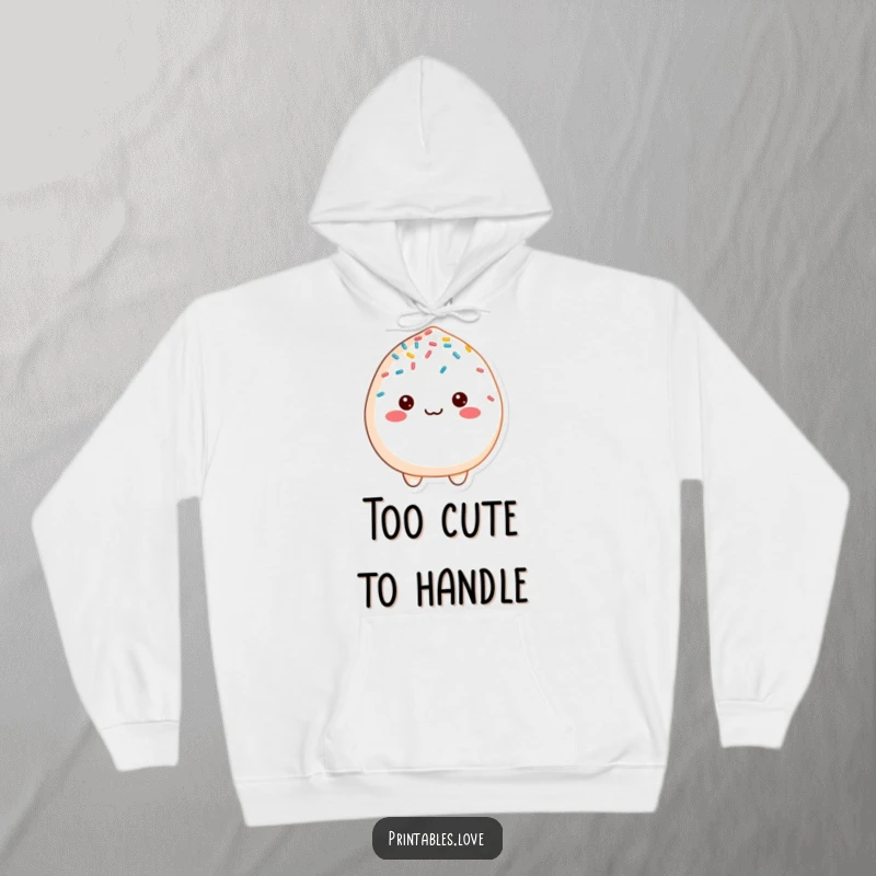 Funny cheerful mochi character, covered in colorful sprinkles, on a warm and comfy hoodie, radiating happiness.
