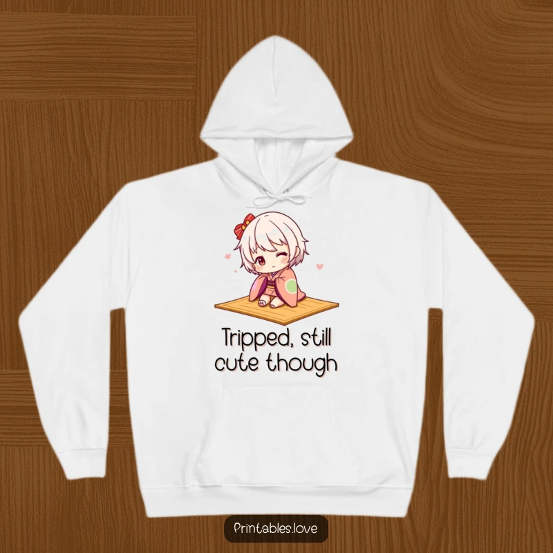Funny Kawaii kimono hoodie, a cute character tripping over a mat in a kimono, cozy and adorable.