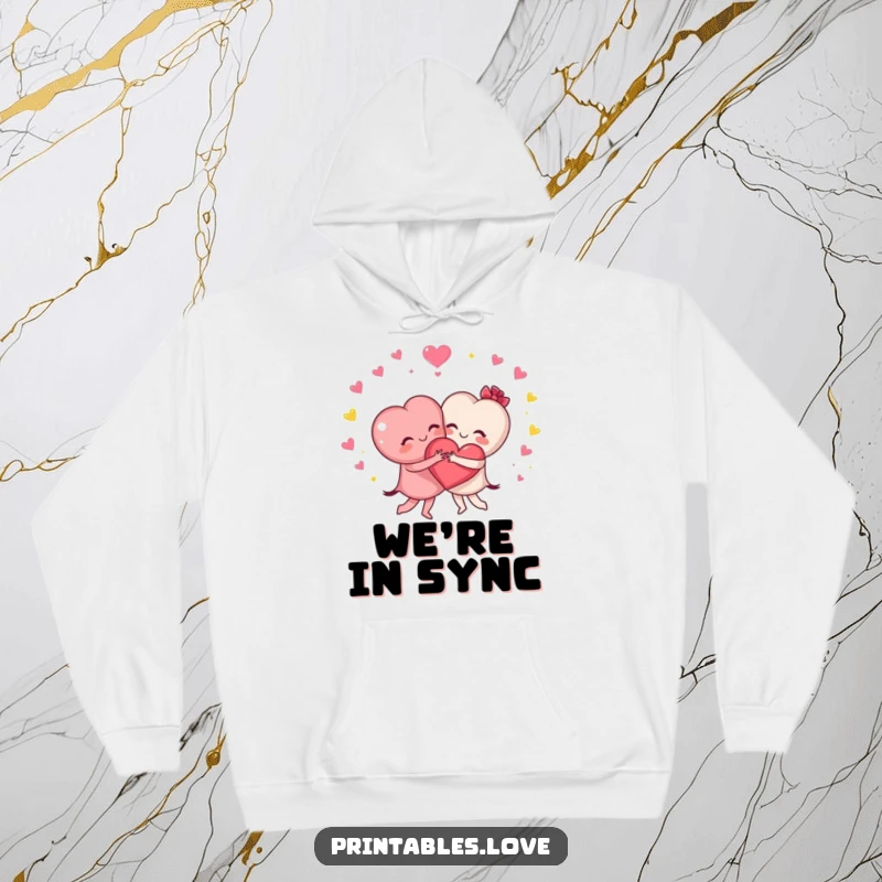 Funny hoodie with two heart characters in a joyful hug, surrounded by sparkles, offering warmth and humorous affection.