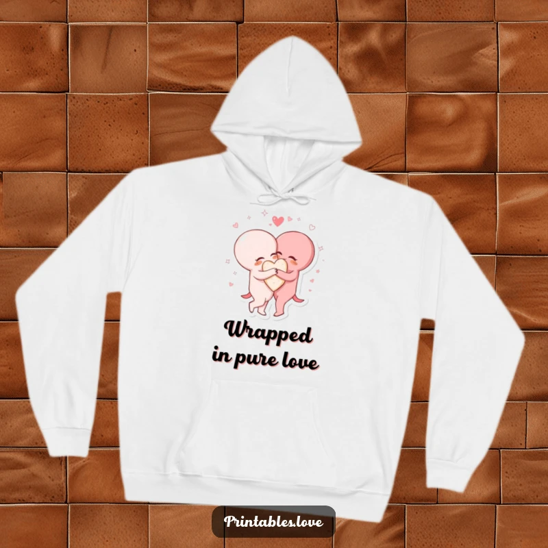 Funny hoodie depicting two heart characters in a close, loving hug, surrounded by enchanting sparkling and swirling patterns.