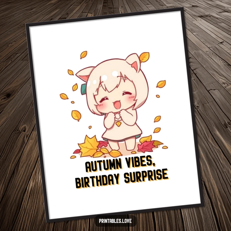 Funny Free Printable Wall Art of a cheerful Kawaii character playfully chasing and catching colorful falling leaves on a breezy day.