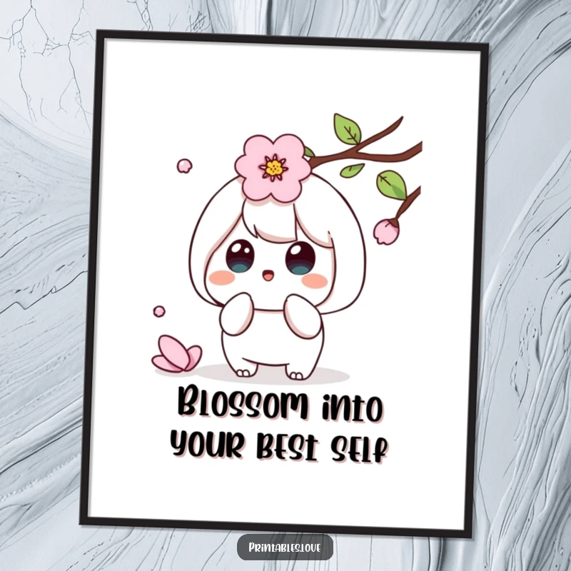 Funny Free Printable Wall Art: Kawaii character’s innocent surprise at a single falling cherry blossom petal.
