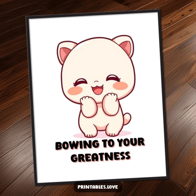 Funny Free Printable Wall Art: Cute Kawaii character performing an adorable, respectful bow with a beaming smile.
