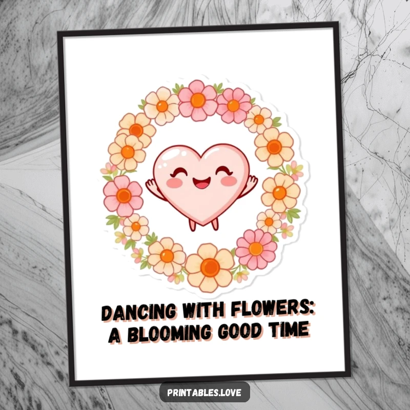 Funny Free Printable Wall Art: A smiling heart energetically dancing in a circle of colorful, blooming flowers.