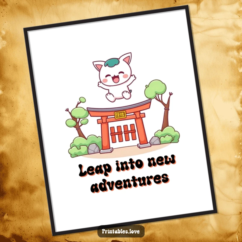 Funny Free Printable Wall Art: Cute Kawaii character leaping with great energy over a small traditional torii gate.