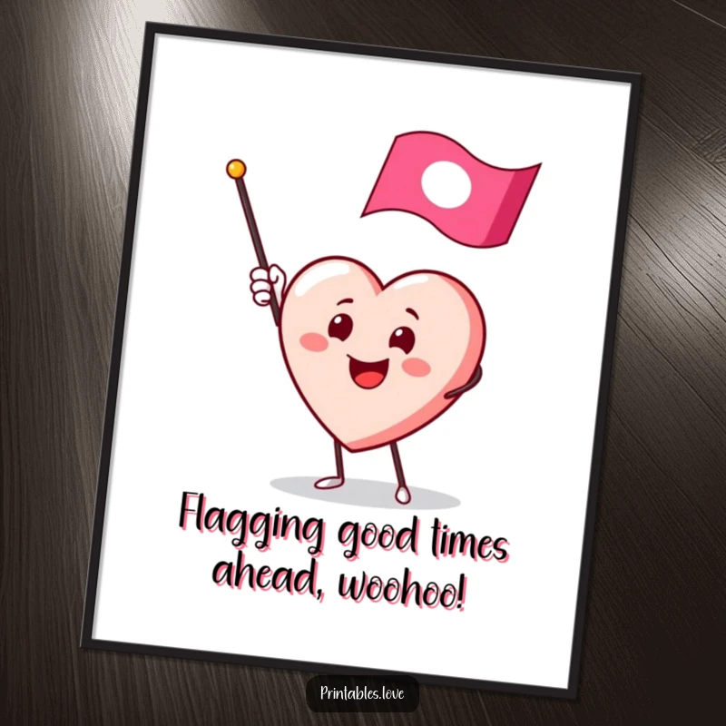 Funny Free Printable Wall Art: A smiling heart character enthusiastically waves a miniature flag, exuding pure joy. Downloadable art.