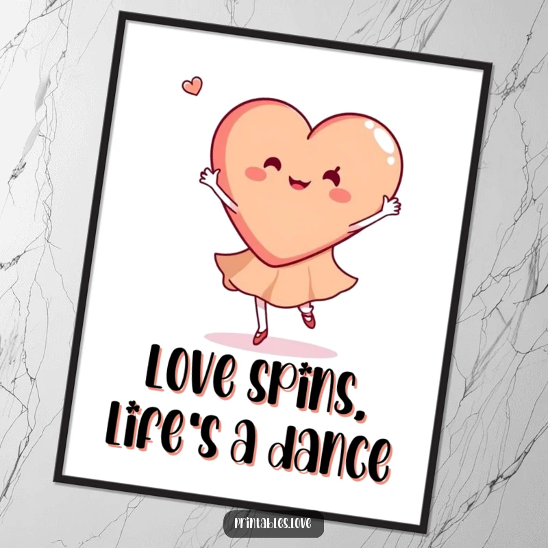 Funny free printable wall art showing a heart gracefully doing a joyful dance twirl, adding playful energy to a room.