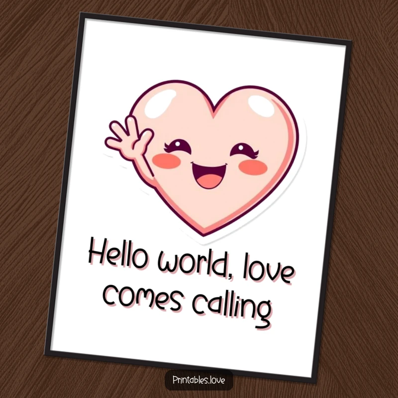 Funny free printable wall art showing a heart with a wide, excited grin, waving hello to bring cheerful vibes.