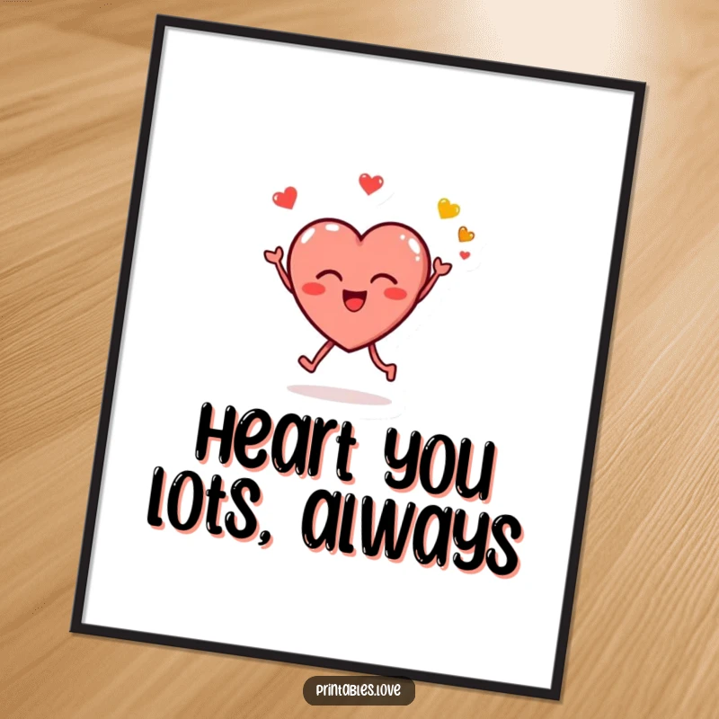 Funny Free Printable Heart Wall Art: Small heart character leaping joyfully, blowing kissy emojis, spreading cheer.
