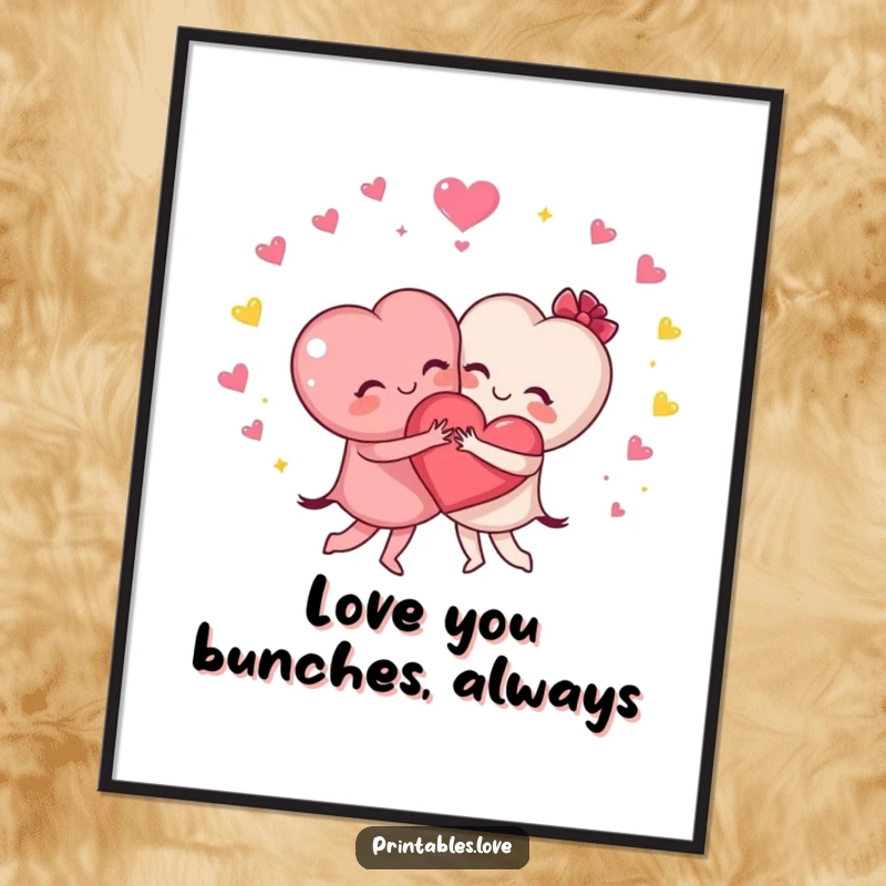 Funny Free Printable Hugging Hearts Wall Art: Two hearts embracing with sparkles, creating a cozy and joyful atmosphere.
