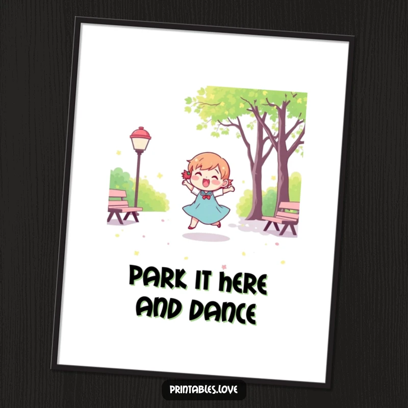 Funny free printable wall art of a cute Kawaii character dancing energetically in a vibrant park, full of life.