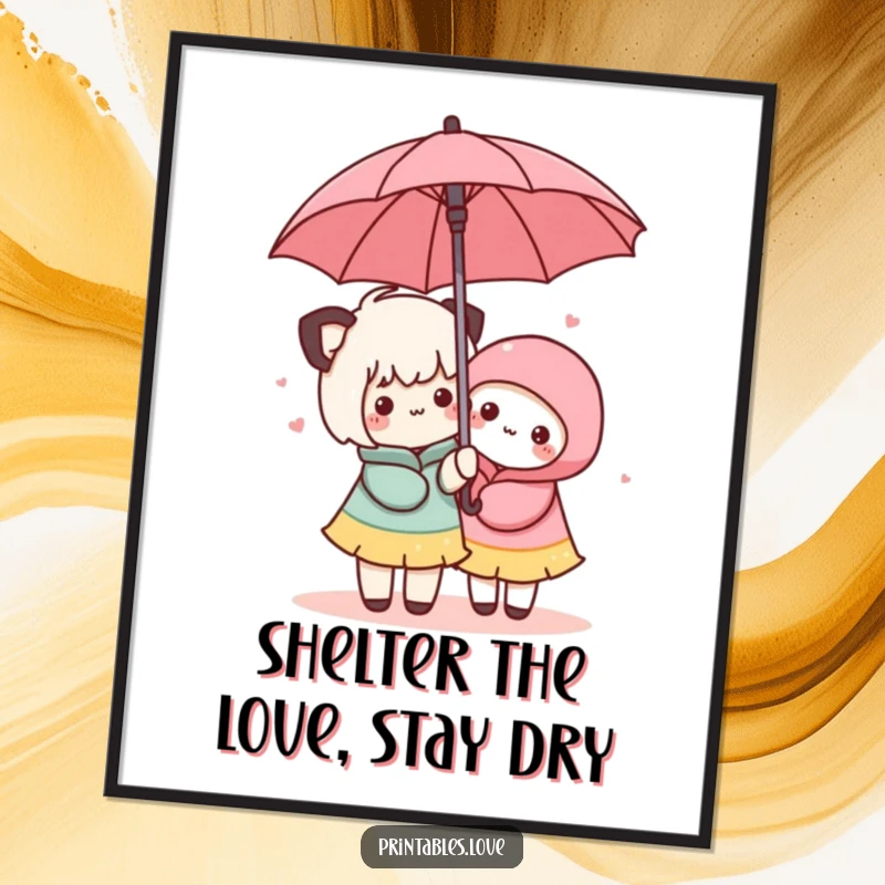 Funny free printable wall art of two cute Kawaii characters sharing an umbrella, depicting warmth and companionship.