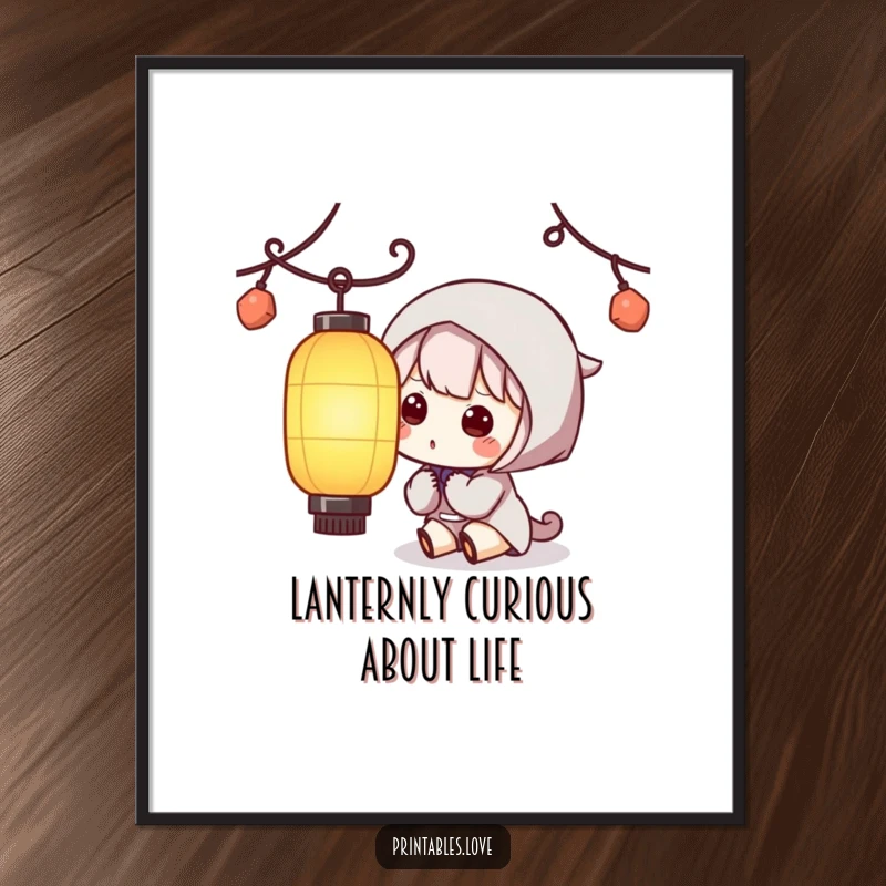 Funny free printable wall art of a Kawaii character looking curiously at a beautiful, glowing paper lantern.