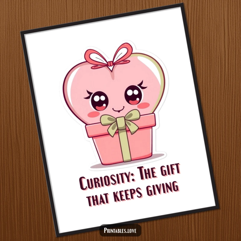 Funny Free Printable Wall Art: A heart with prominent, curious eyes peeking from behind a gift box, inviting smiles.
