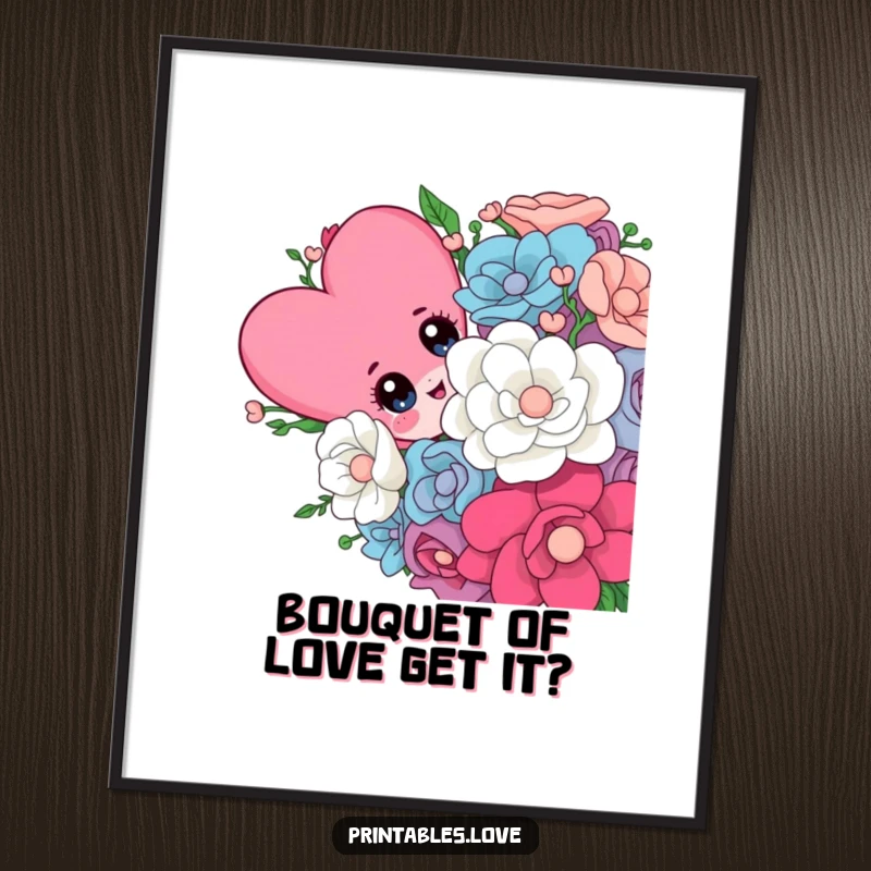 Funny Free Printable Wall Art featuring a playful heart character hiding behind an enormous bouquet, adding whimsical charm to any room.