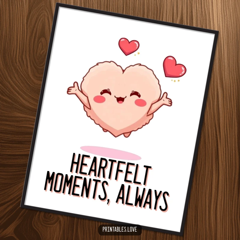 Funny Free Printable Wall Art: A small fluffy heart bounces with joy, arms outstretched towards a loving embrace.