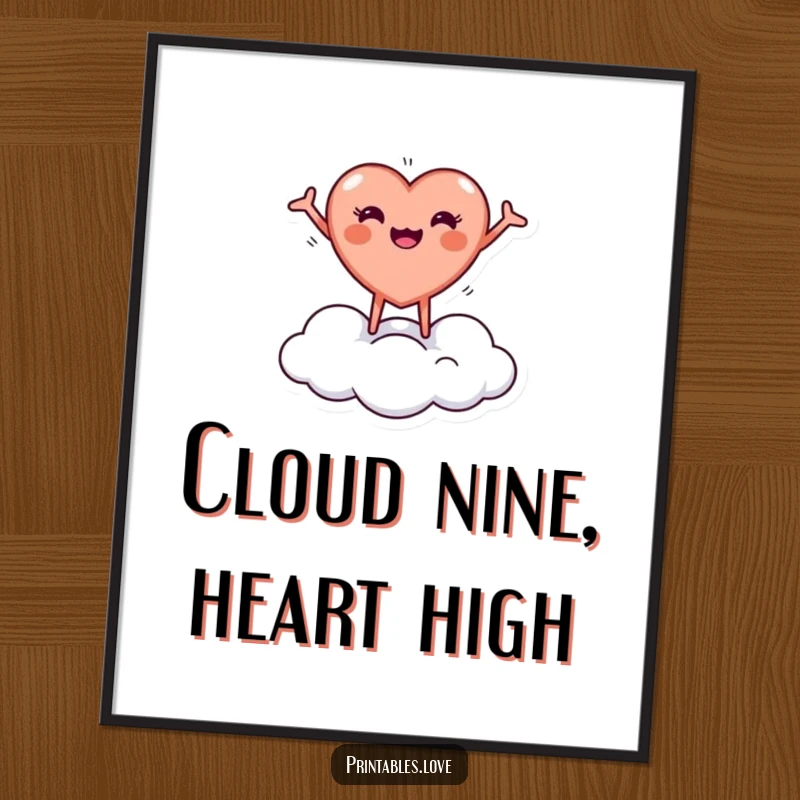 Cute Free Printable Wall Art: A tiny, round heart character happily bouncing on a soft cloud, arms outstretched.