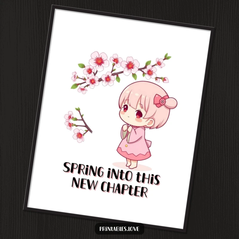Free Printable Wall Art depicting a cute Kawaii character peacefully admiring a delicate, blooming cherry blossom branch in full splendor.