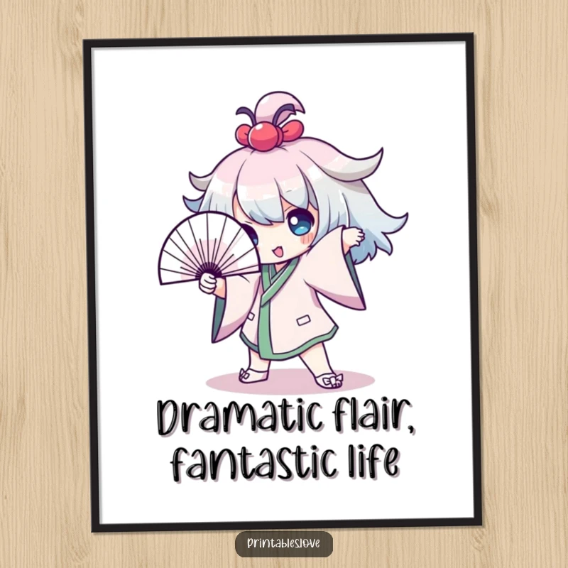 Funny Free Printable Wall Art: Kawaii character striking a dramatic pose with a fan, adding a stylish and humorous touch.
