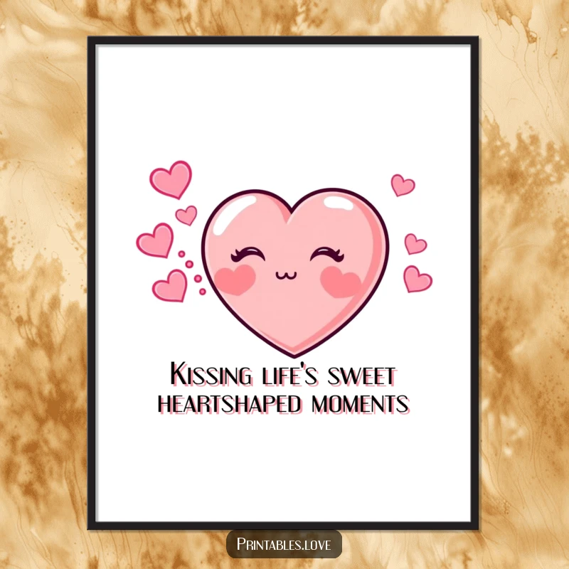 Funny Free Printable Wall Art: A heart with chubby, rosy cheeks blowing a playful kiss, surrounded by a cascade of hearts.