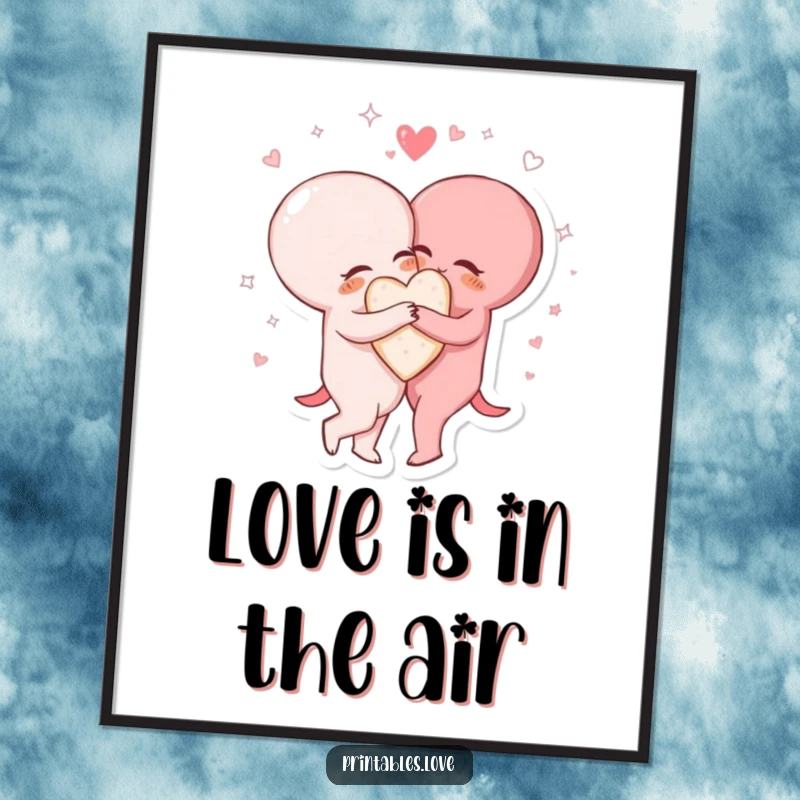 Funny Free Printable Wall Art: Two heart characters share a tight, sparkling hug, radiating love and connection.