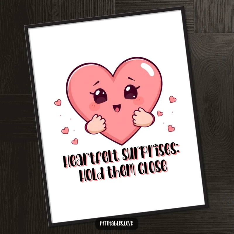 Funny Free Printable Wall Art: A heart with wide, surprised eyes and tiny hands cupping a collection of smaller hearts.