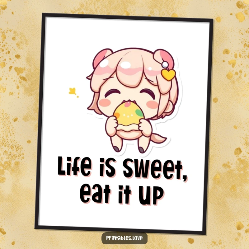 Funny Free Printable Wall Art: A charming Kawaii character happily eating a colorful sweet treat, bringing sweet vibes to any room.