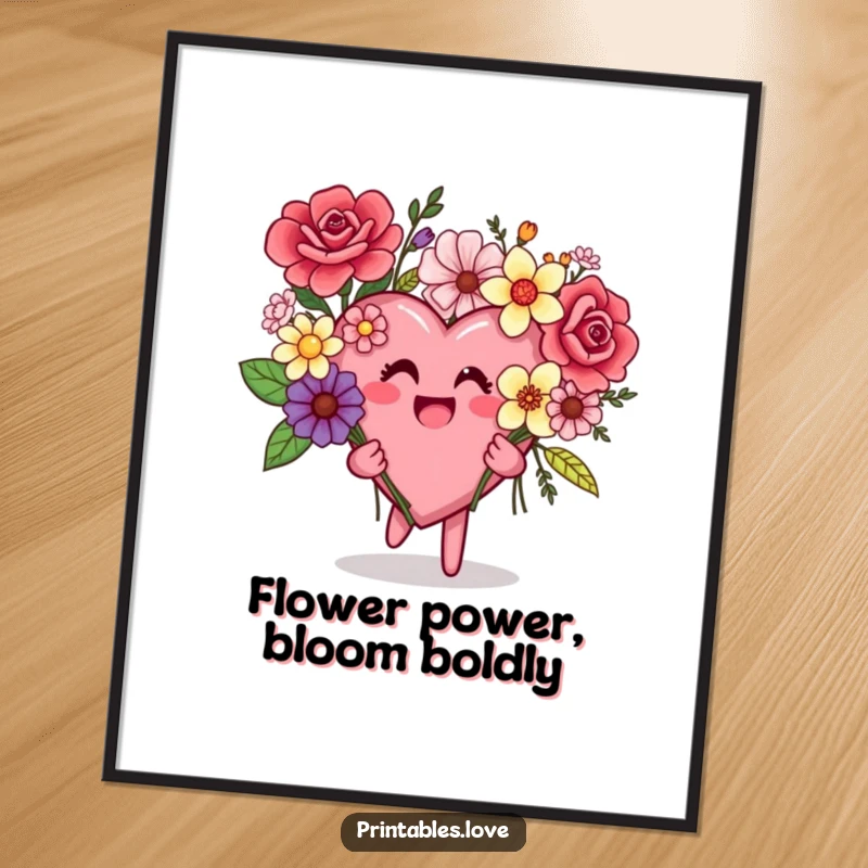 Funny Free Printable Wall Art: A heart character beaming with pride while holding a wildly assorted bouquet.