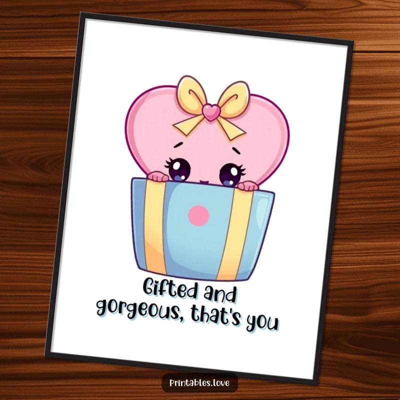 Funny Free Printable Wall Art: A heart character peeking with wide, surprised eyes from behind a large, vibrant gift box. Downloadable.