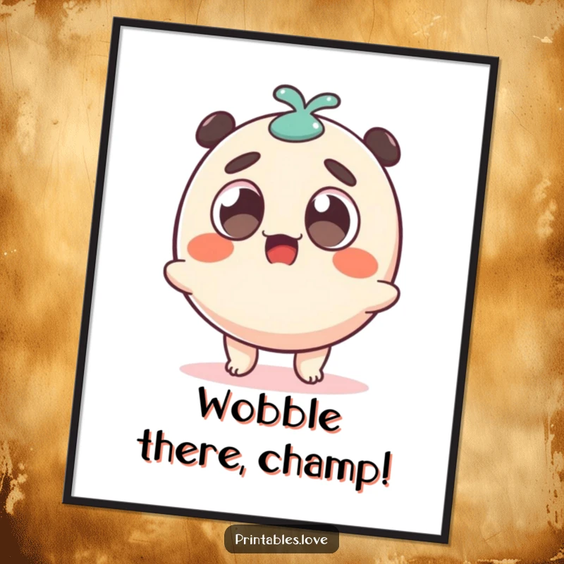 Funny Free Printable Wall Art: A Wide-Eyed Dango Character Wobbling Excitingly, Ready to Amaze You