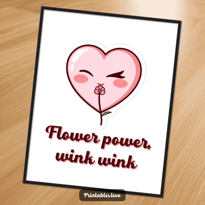 Funny Free Printable Wall Art: An adorable heart winks a mischievous eye, holding a tiny flower, adding charm.