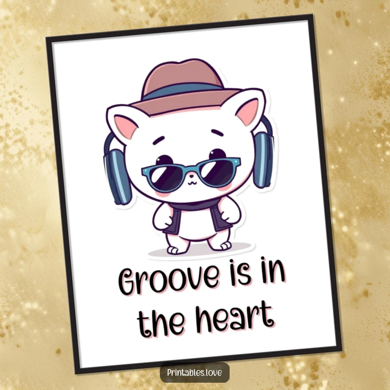 Funny Free Printable Wall Art: A cute Kawaii character looking cool in a stylish hat and sunglasses, grooving.