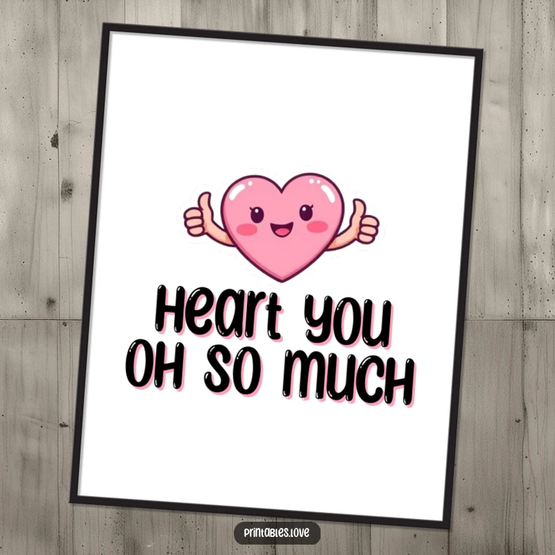Funny free printable wall art: a small pink heart character with tiny arms gives a clear and happy thumbs up.
