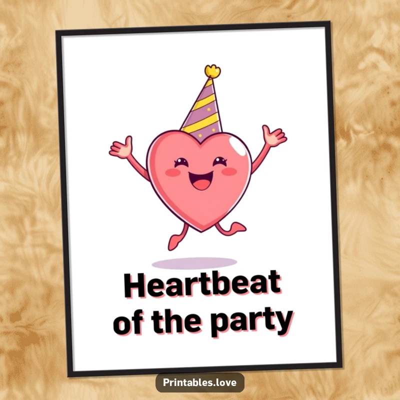 Free Printable Wall Art: A stylized heart wearing a tilted party hat, captured mid-jump with pure, unadulterated enthusiasm.