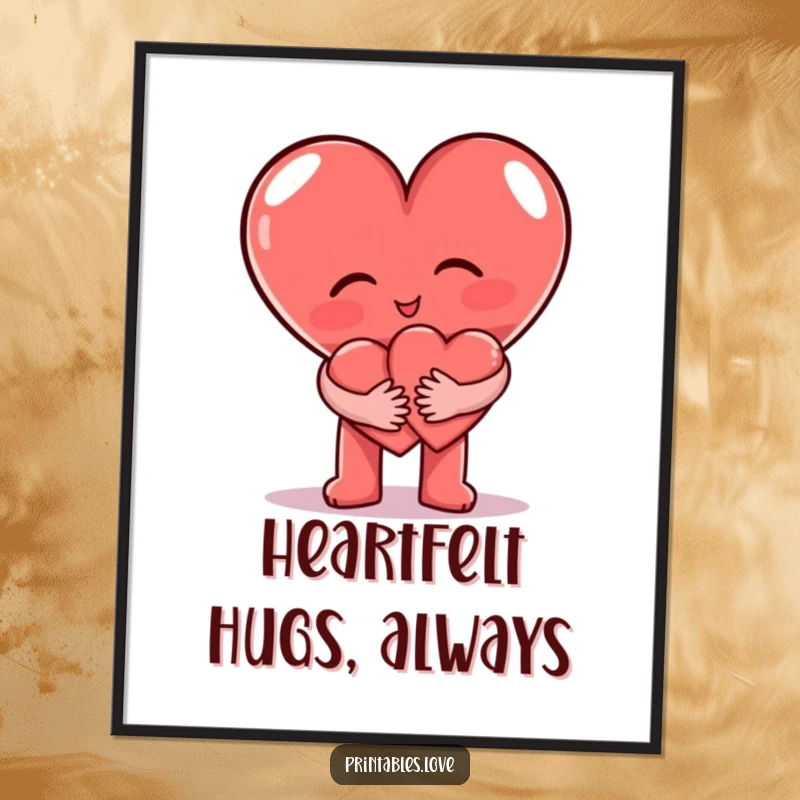 Funny Free Printable Wall Art: Two heart characters, one large, one small, locked in a sweet and humorous embrace.