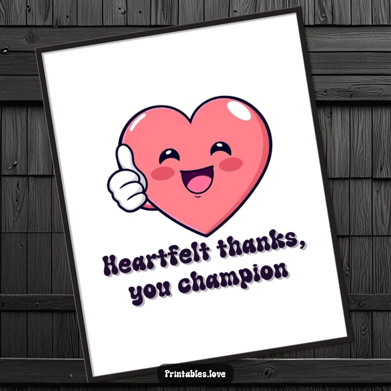 Funny Free Printable Wall Art depicting a cheerful heart enthusiastically giving a thumbs up, a funny piece of downloadable decor.