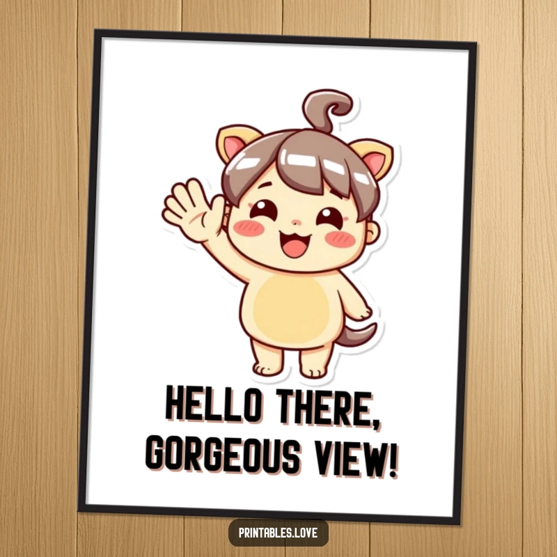 Funny Free Printable Kawaii character waving enthusiastically, bringing a huge smile and positive vibes to any wall space.