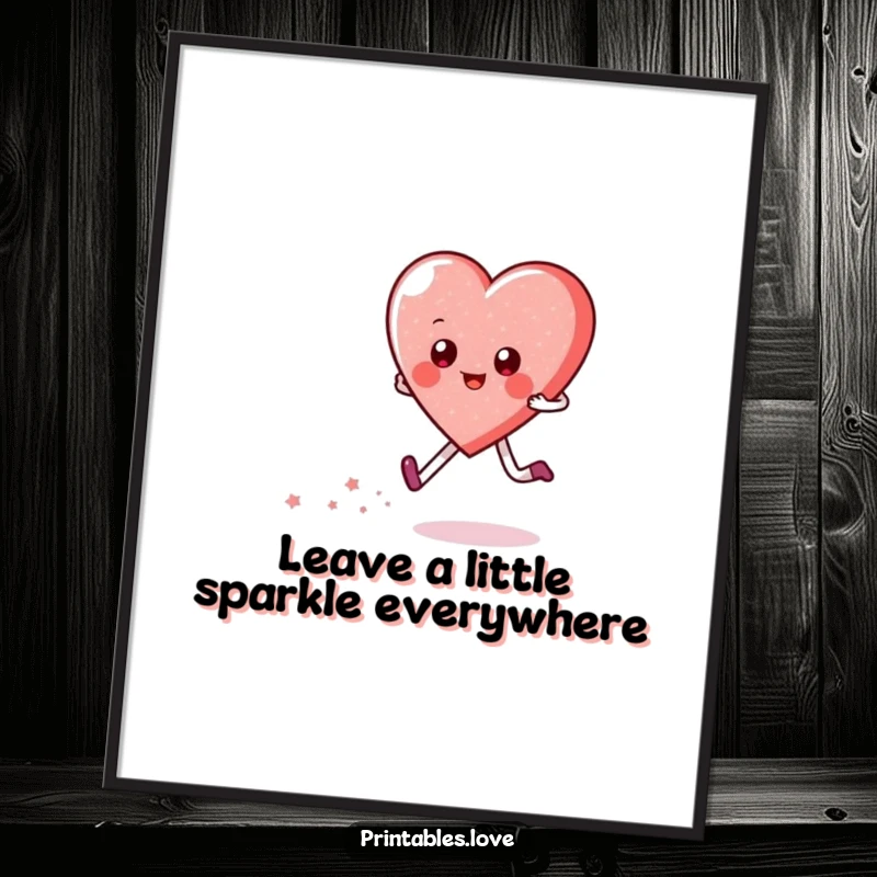 Funny Free Printable Wall Art: A stylized heart character joyfully skipping, emitting a soft, magical trail of sparkles.