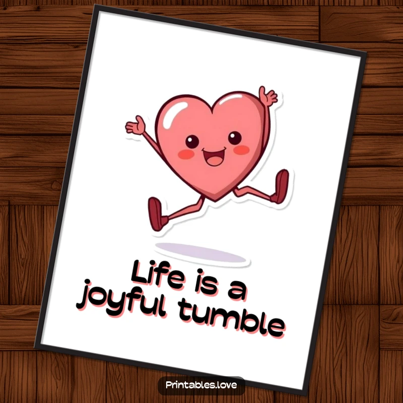 Funny Free Printable Heart Wall Art: A heart character doing a cartwheel with a happy expression, radiating pure joy.