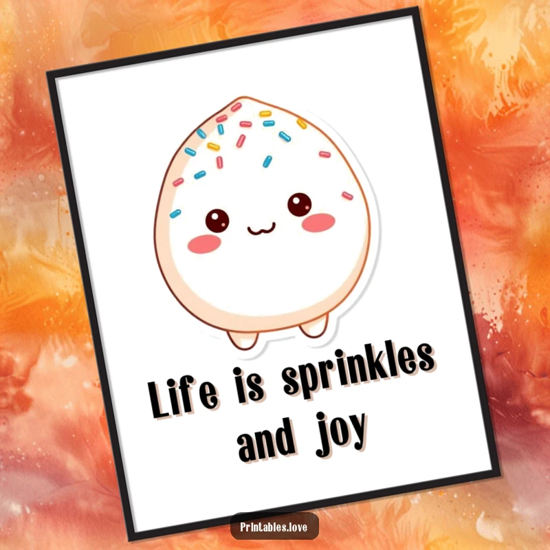Funny Free Printable Wall Art: A Happy Mochi Character Joyfully Covered in a Rainbow of Sprinkles