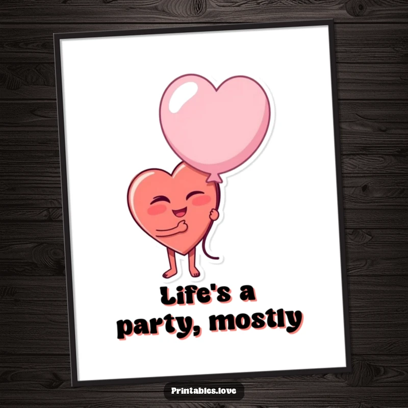 Funny Free Printable Wall Art: A heart character winks playfully holding a giant, slightly deflated balloon, adding quirky humor.