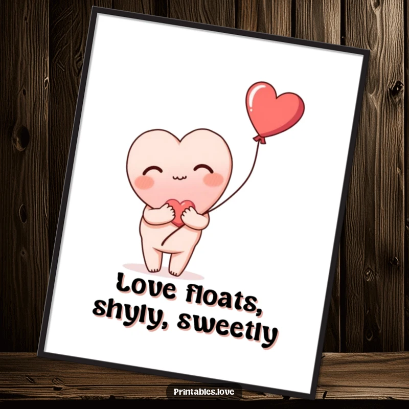 Funny free printable wall art showing a heart blushing deeply and shyly holding a heart balloon, creating a sweet atmosphere.