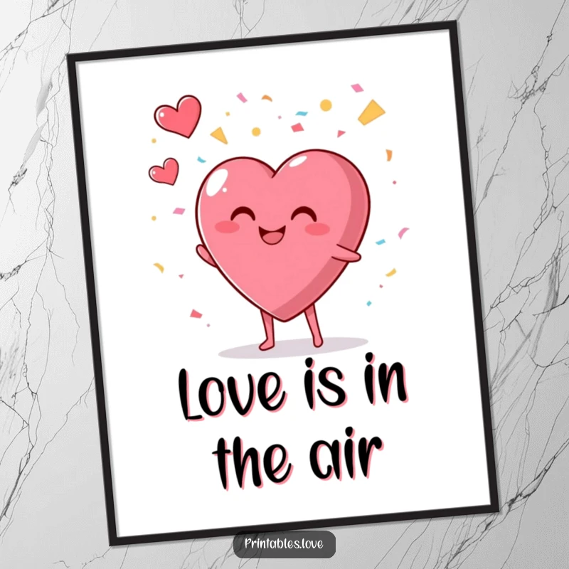 Festive Free Printable Wall Art: A plump, smiling heart character joyfully throws a cascade of confetti upwards.