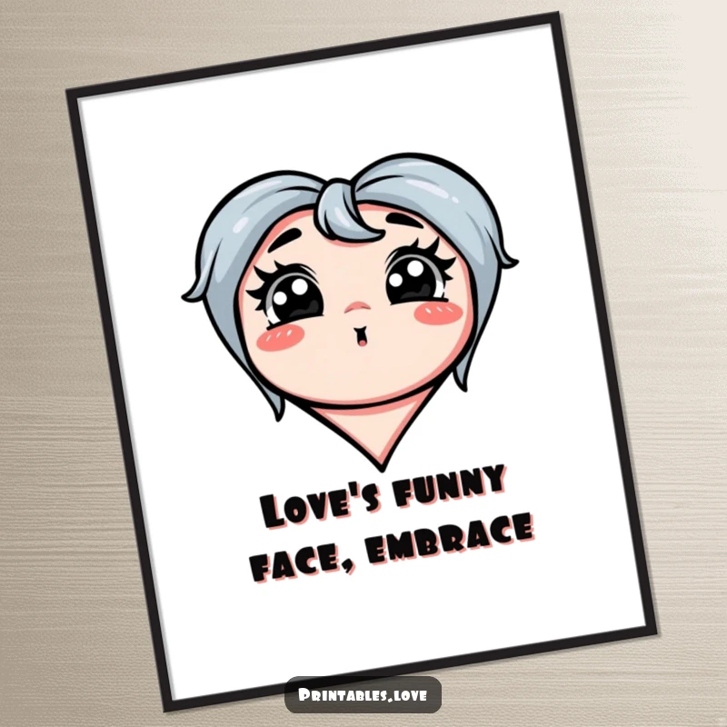 Funny free printable wall art showing a heart making a funny, exaggerated silly face, bringing playful energy to any room.